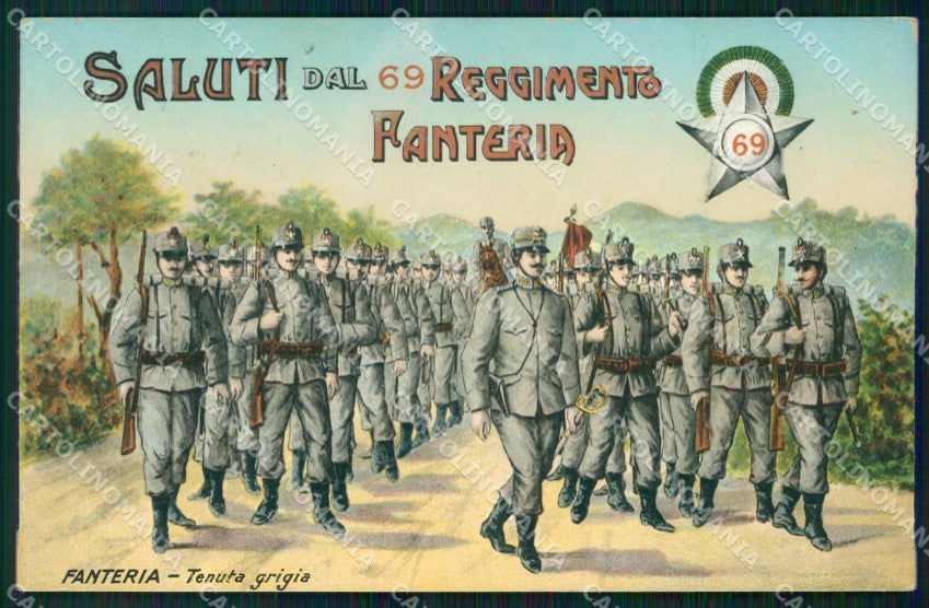 Militari 69º Reggimento Fanteria Tenuta Grigia PIEGATA cartolina XF5294 – fronte
