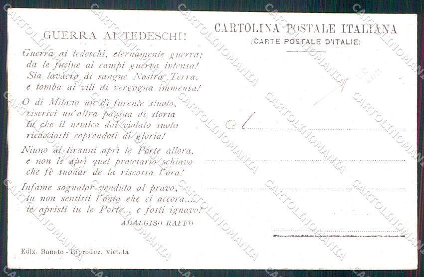 WW1 WWI Militari Propaganda Artiglieria Tarditi Adalgiso Raffo cartolina XF6291 – retro