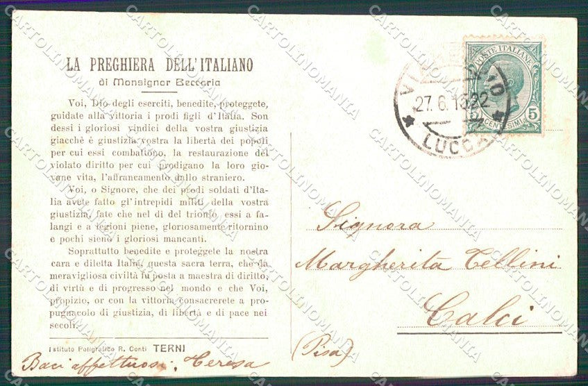 WW1 WWI Propaganda Bersaglieri Savoia Vittorio Emanuele III cartolina XF6517 – retro