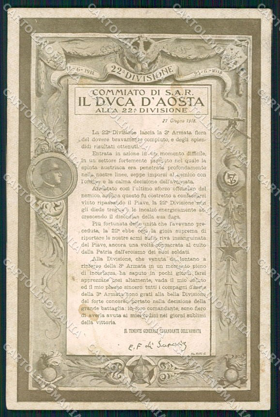 WW1 WWI Propaganda XXII Divisione Savoia Duca d'Aosta cartolina XF6679 – fronte