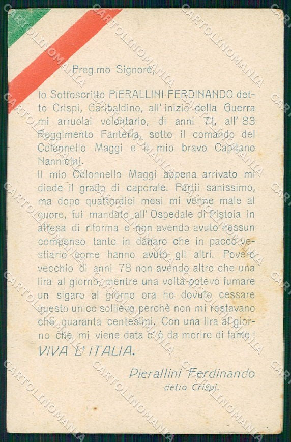WW1 WWI Propaganda 83 Reggimento Fanteria Garibaldini PIEGHINA cartolina XF6696 – fronte
