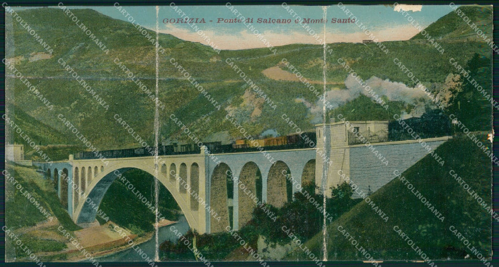 Gorizia Ponte di Salcano e Monte Santo Treno Tripla ABRASA cartolina XF6898 – fronte