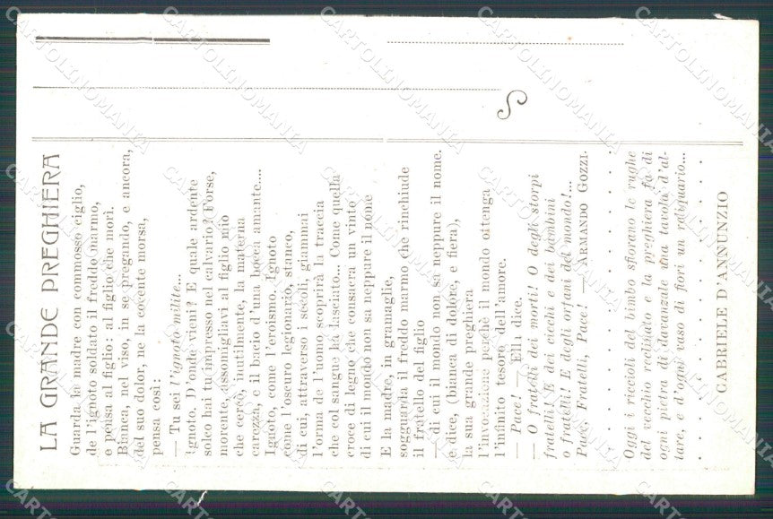 WW1 WWI Propaganda Militare Ignoto Militi D'Annunzio Argo cartolina XF6926 – retro