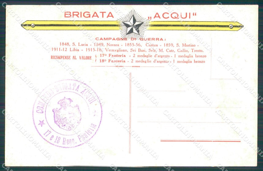 Militari 17º 18º Reggimento Fanteria Brigata Acqui Drappo cartolina XF7091 – retro