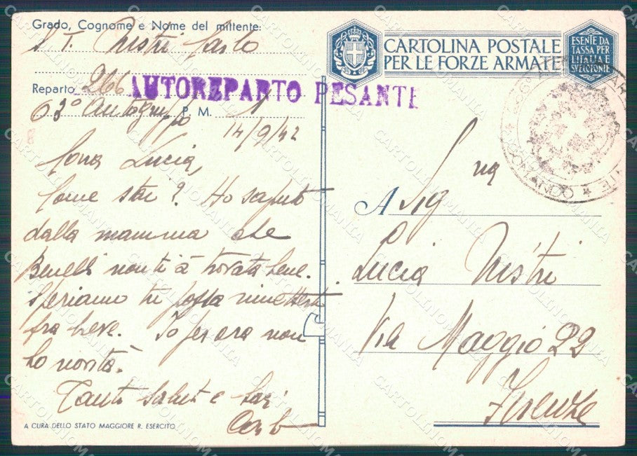 Militari Franchigia 266º Autoreparto Pesante PIEGHINE FG cartolina XF7168 – retro