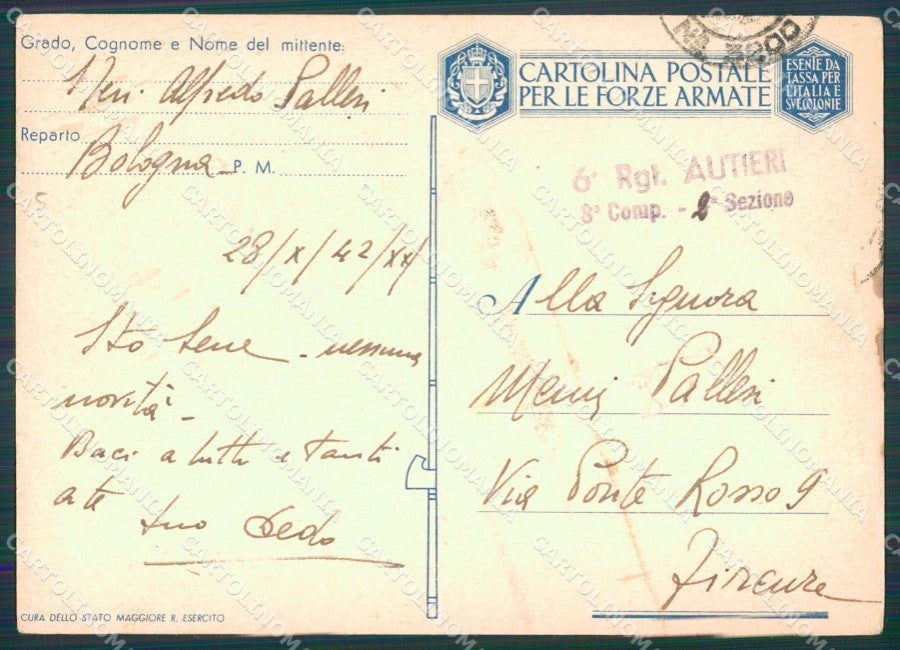 Militari Franchigia 6º Reggimento Autieri PIEGHE FORO FG cartolina XF7169 – retro