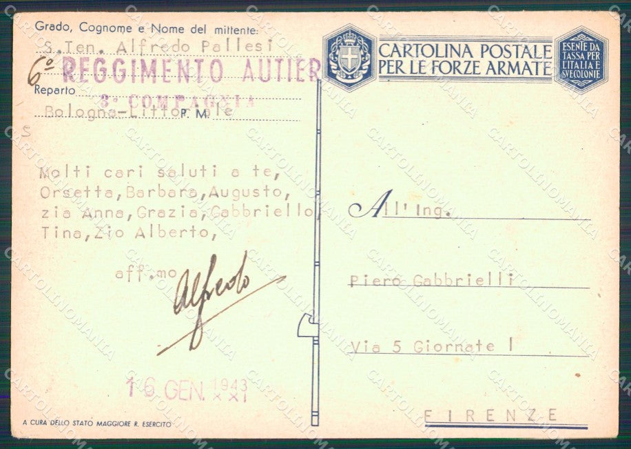 Militari Franchigia 6º Reggimento Autieri FG cartolina XF7170 – retro