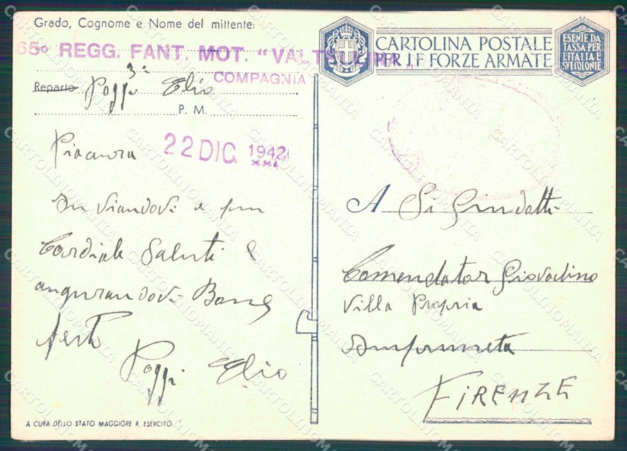Militari Franchigia 65º Reggimento Fanteria Valtellina FG cartolina XF7176 – retro