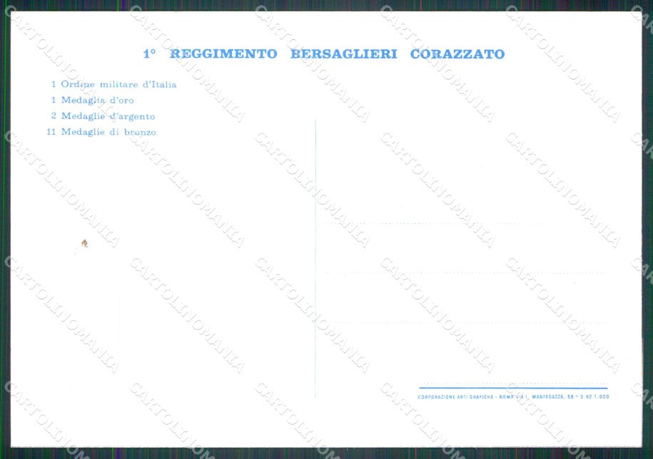 Militari 1º Reggimento Bersaglieri Corazzato FG cartolina XF7261 – retro