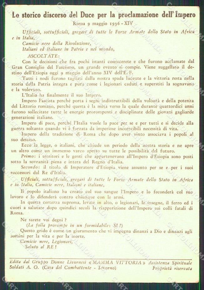 Militari Fascismo AOI Casa del Combattente Livorno ABRASA FG cartolina XF7335 – retro