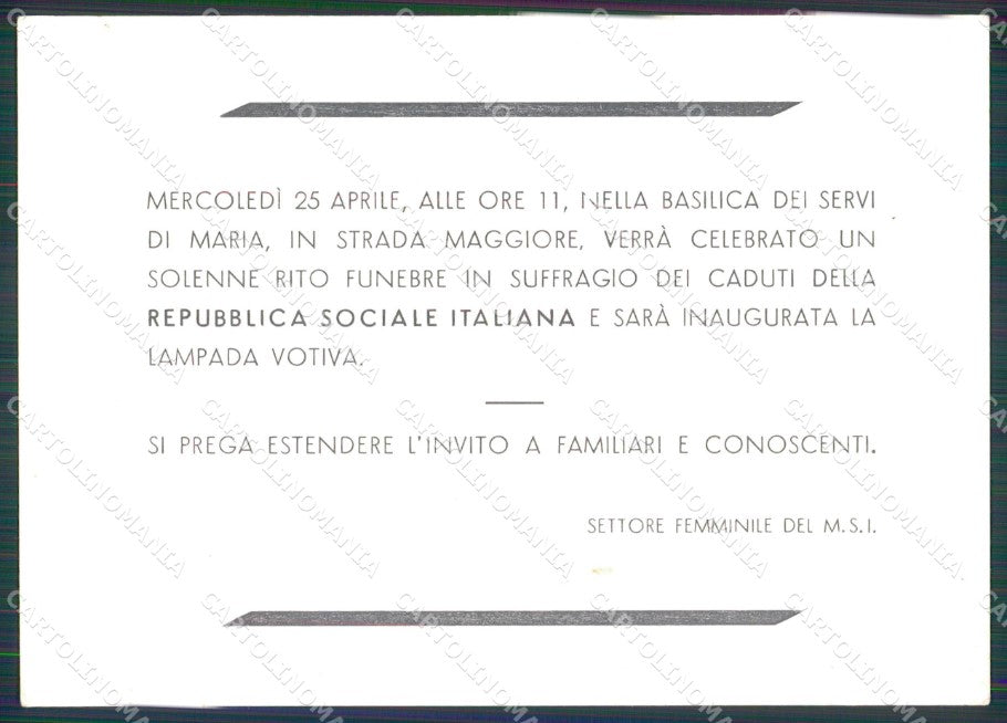 Politica Movimento Sociale Italiano Rito Funebre RSI Renier FG cartolina XF7338 – retro