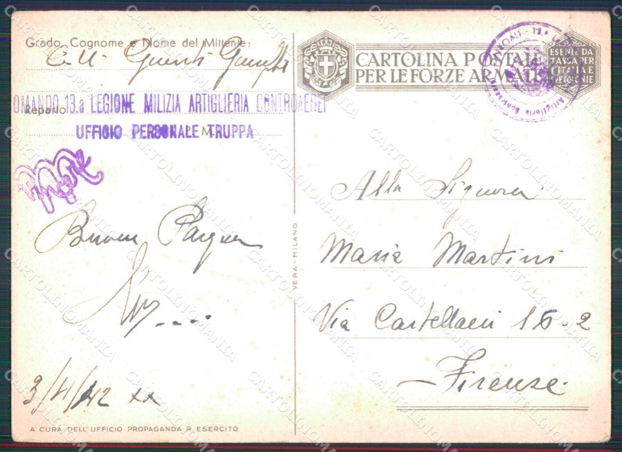 Militari Franchigia 13ª Legione Milizia Artiglieria PIEGHINE FG cartolina XF7341 – retro