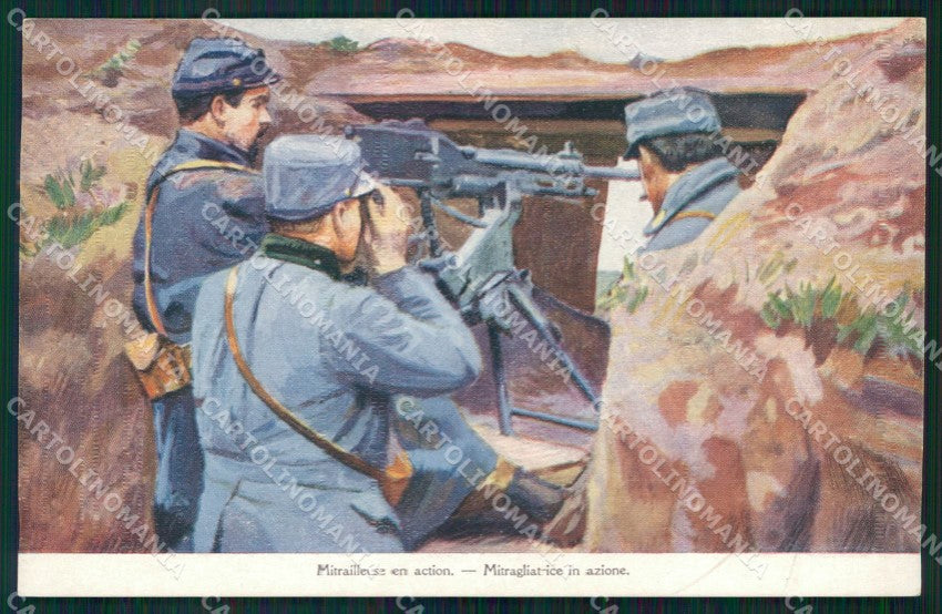 Militari Soldiers Mitrailleuse WWI Pubblicitaria Rigaud cartolina XF8299 – fronte