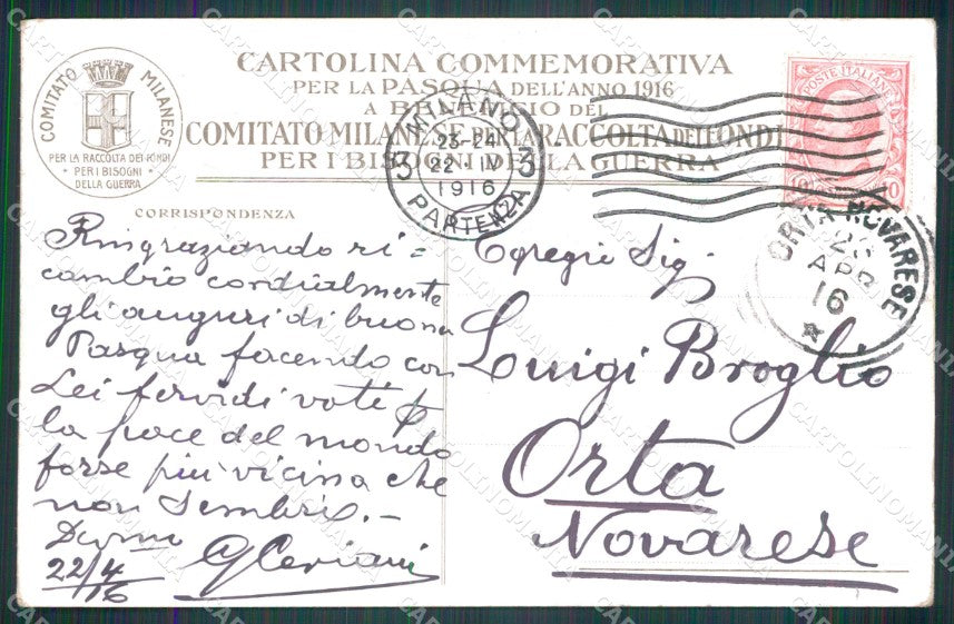 Militari WW1 WWI Pasqua 1916 Comitato Milanese Guerra Salvadori cartolina XF8435 – retro