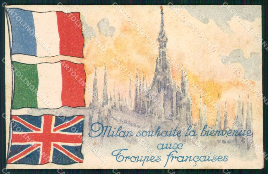 WW1 WWI Propaganda Flags Alleati Tricolore Milano cartolina postcard XF8694 – fronte