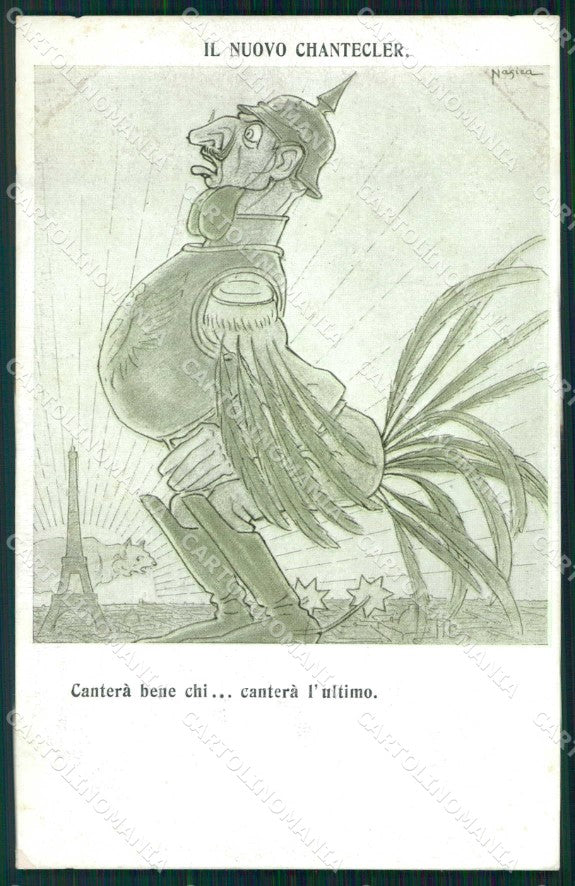 WWI WW1 Italian Propaganda Anti Kaiser Paris Chantecler Nasica ABRADED cp XF8877 – fronte
