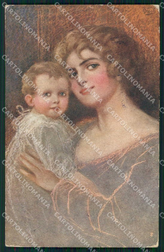 WWI WW1 Italian Propaganda Lady Child Vecchi CREASED cartolina XF9203 – fronte