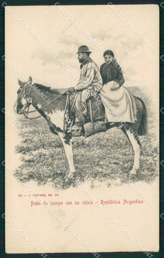 Argentina Types Ethnic Peon de Campo con su China ABRADED BACK postcard XP0526 – fronte