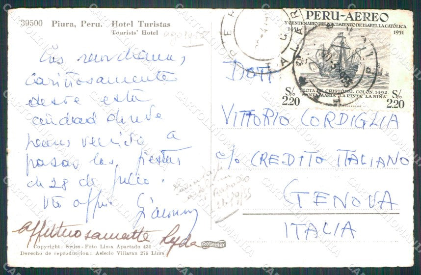 Peru Piura Hotel Turistas RPPC postcard XP1473 – retro