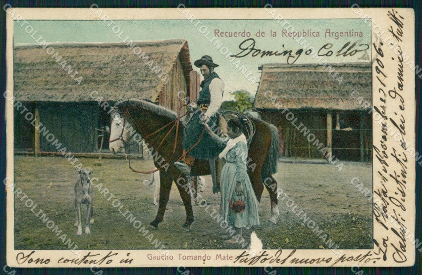 Argentina Types Ethnic Gaucho Tomando Mate Dog Galgo postcard XP1812 – fronte