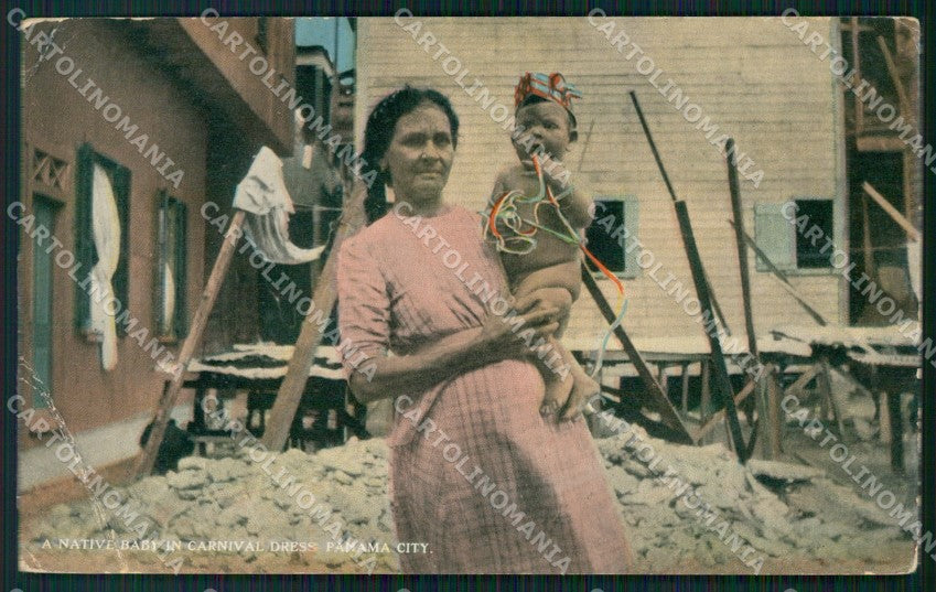 Panama City Baby in Carnival Dress CREASED postcard XP2181 – fronte