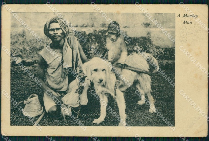 India Ethnic Types Monkey Man Dog RPPC postcard XP3480 – fronte