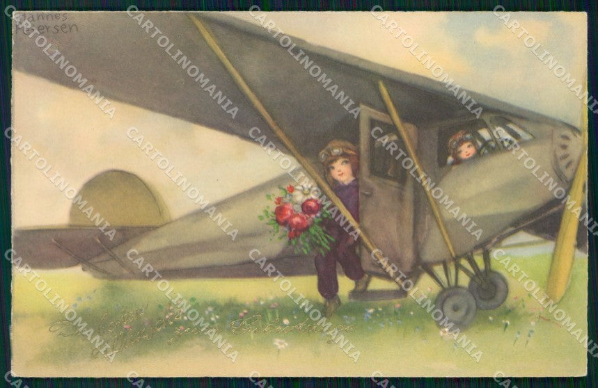 Artist Signed Hannes Petersen Children Airplane AK cartolina XP6758 – fronte
