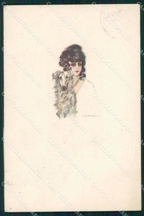 Artist Signed Nanni Fashion Lady Borzoi dog serie 447M-5 cartolina XP7354 – fronte