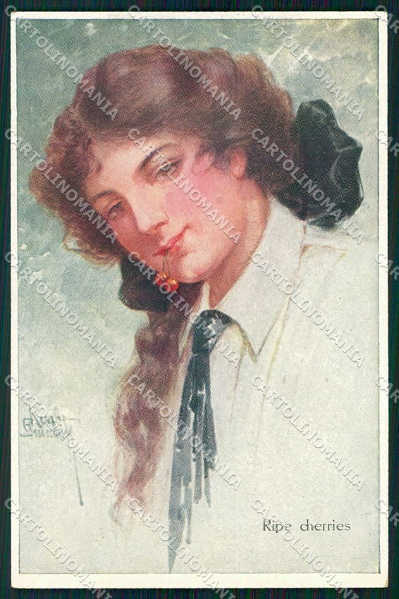 Artist Signed R. Guischaf ? Lady Ripe Cherries cartolina XP7952 – fronte
