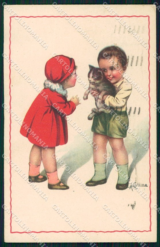 Artist Signed Collino Children Cat cartolina XP8398 – fronte