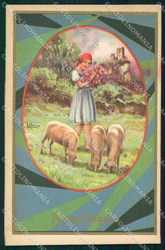 Artist Signed Collino Children Easter Pasqua serie 5000 cartolina XP8423 – fronte