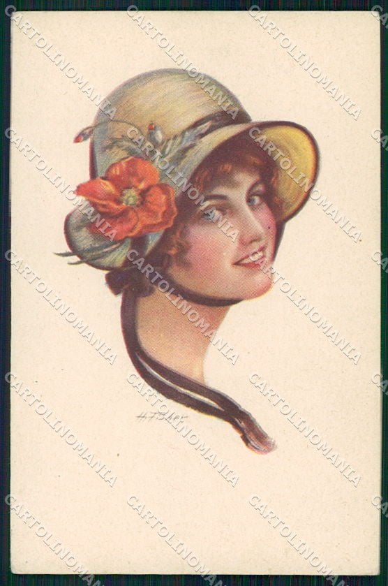 Artist Signed H. Fisher Glamour Fashion Lady Hat serie 328-3 cartolina XP8544 – fronte