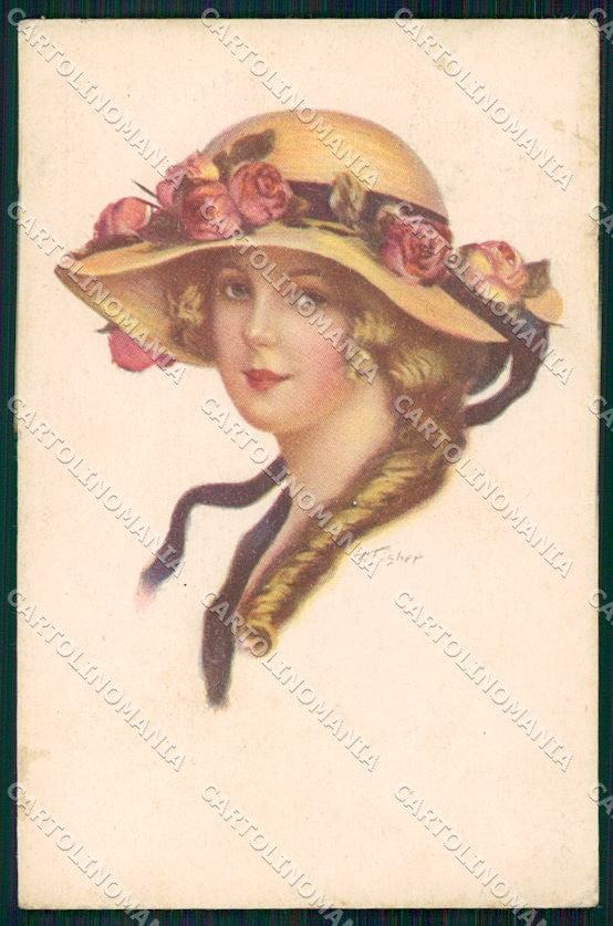 Artist Signed H. Fisher Glamour Fashion Lady Hat serie 328-1 cartolina XP8547 – fronte