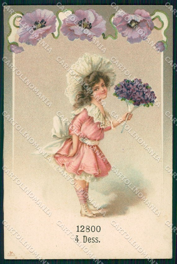 Artist Signed Children Girl Poppy Flowers Art Nouveau cartolina XP8710 – fronte