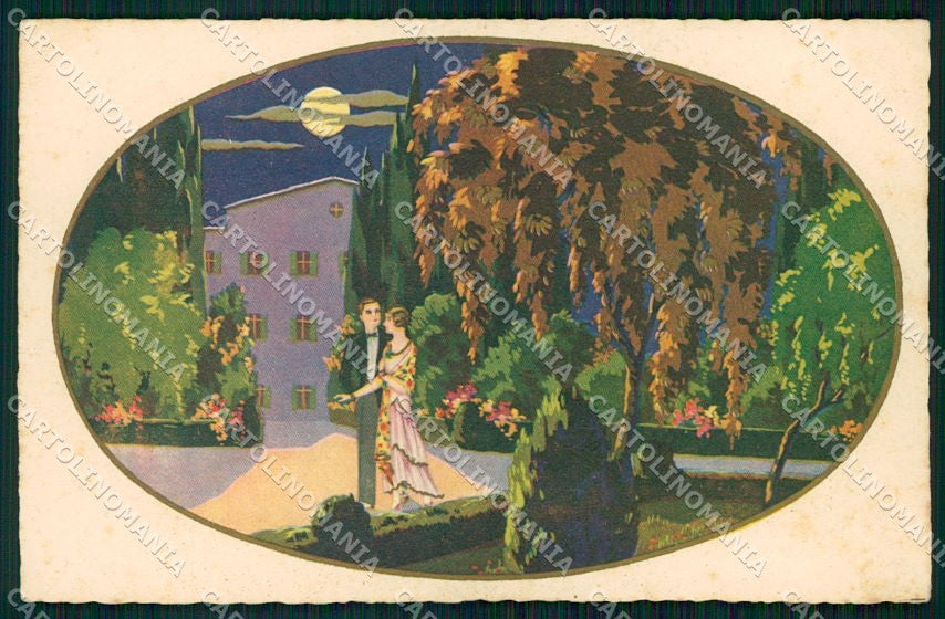 Artist Signed Max Ninon Romantic Couple Art Deco Degami 2163 cartolina XP8766 – fronte