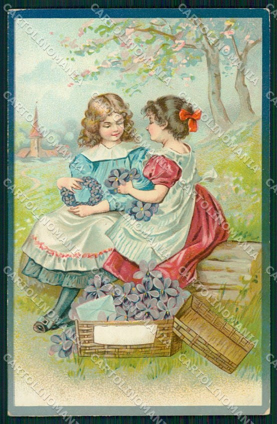 Artist Signed Girl Flowers Violets cartolina XP8815 – fronte