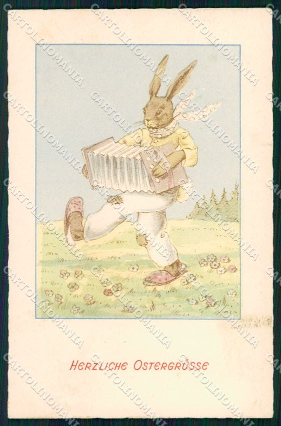 Artist Signed Pasqua Easter Dressed Rabbit cartolina XP9089 – fronte