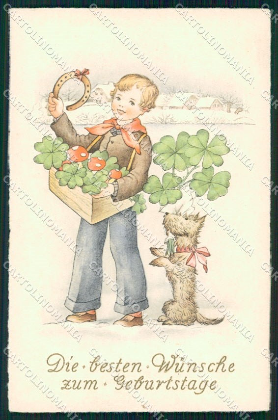 Artist Signed Child Dog Four Leaf Clover Mushroom serie 4525 cartolina XP9199 – fronte
