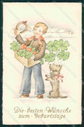 Artist Signed Child Dog Four Leaf Clover Mushroom serie 4525 cartolina XP9199 – fronte
