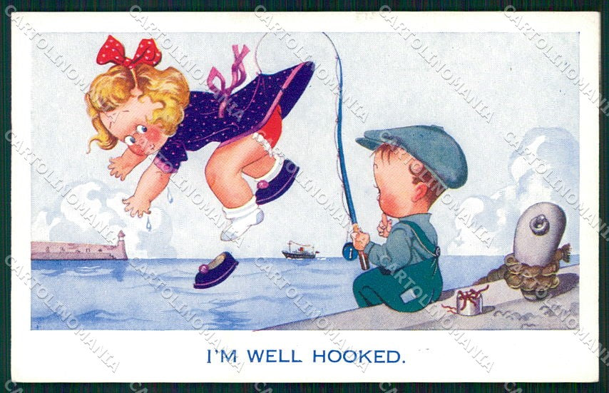 Artist Signed Children Comic Fishing cartolina XP9281 – fronte