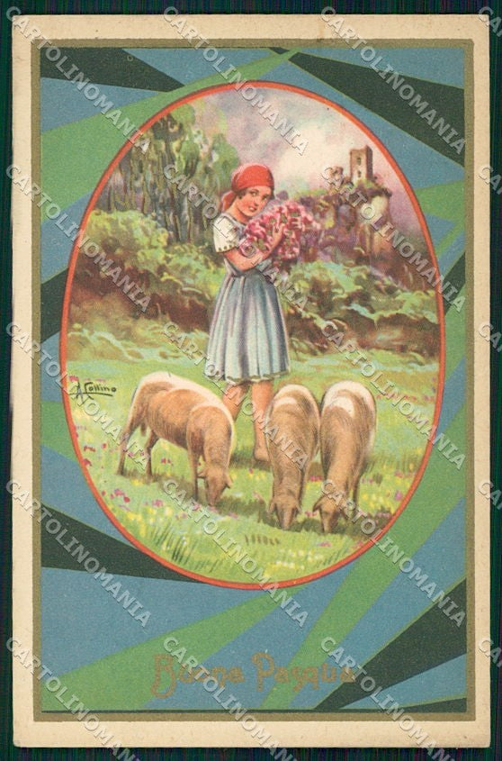 Artist Signed Collino Girl Easter Pasqua cartolina XP9484 – fronte