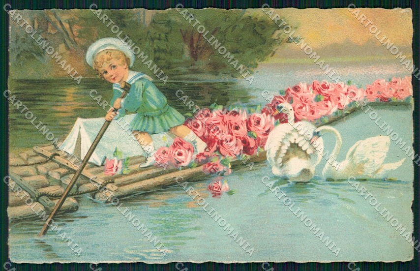 Artist Signed Children Flowers Swan cartolina XP9539 – fronte