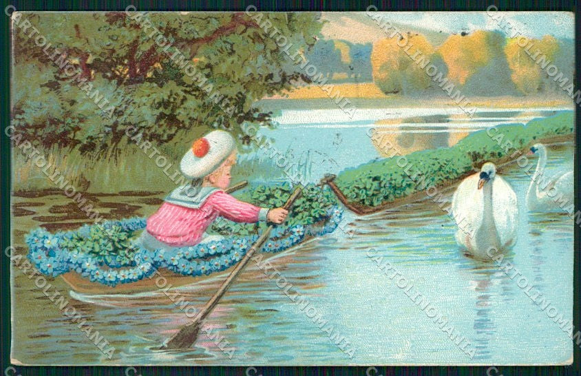 Artist Signed Children Flowers Swan cartolina XP9540 – fronte