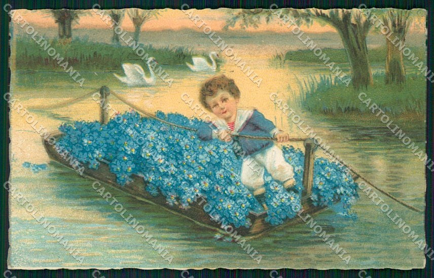 Artist Signed Children Flowers Swan cartolina XP9541 – fronte