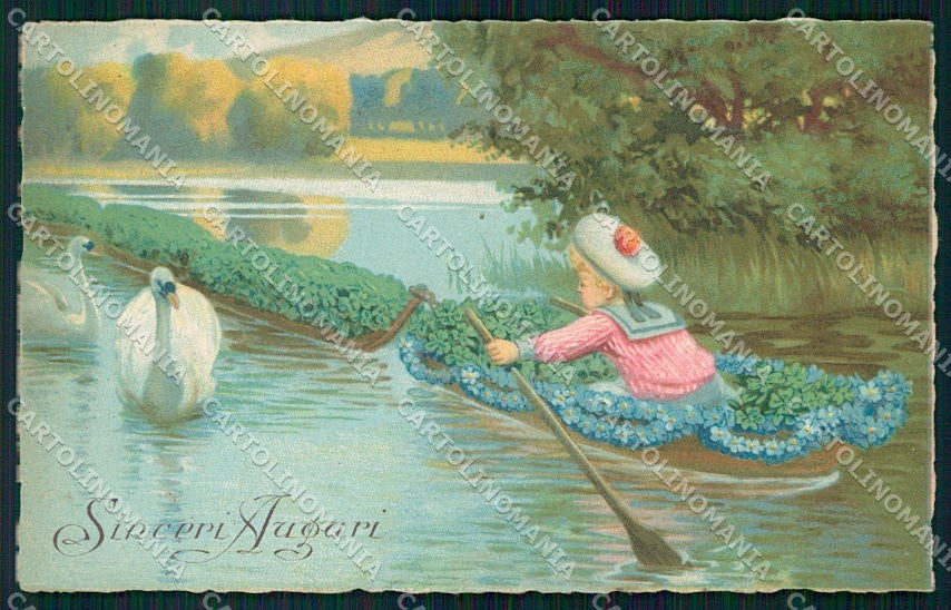 Artist Signed Children Flowers Swan cartolina XP9542 – fronte