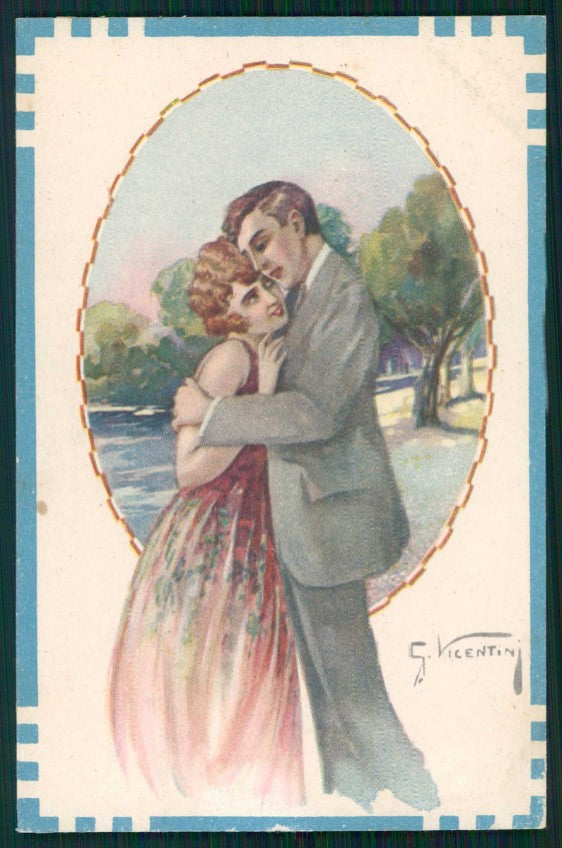 Artist Signed G. Vicentini Romantic Couple serie 528-1 PIEGHINA cartolina XP9753 – fronte