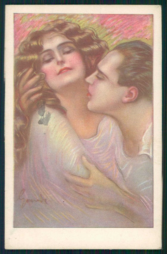 Artist Signed Grande Kiss Romantic Couple serie 433-2 PIEGHE cartolina XP9793 – fronte