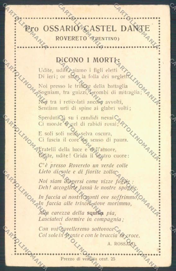 Trento Rovereto Ossario cartolina ZB1068 – fronte