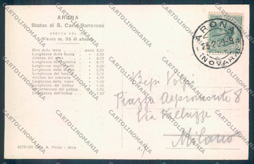 Novara Arona San Carlo cartolina ZB1465 – retro