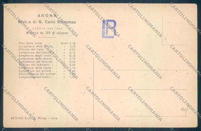 Novara Arona San Carlo cartolina ZB1507 – retro